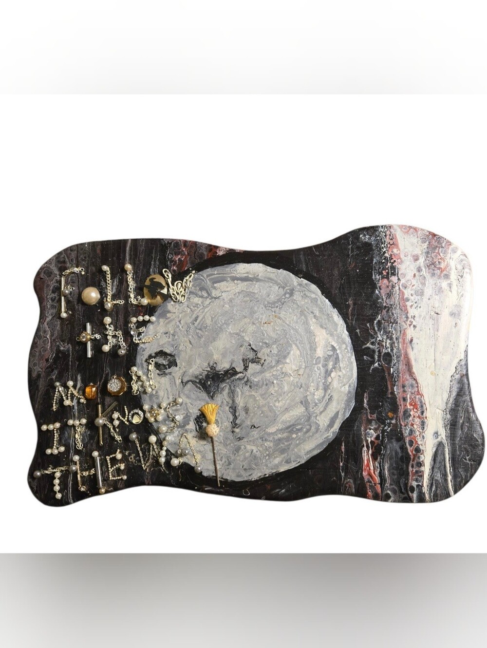 Moon OOAK Mixed Media 18" Wood Mosaic, Vintage Jewelry Celestial Wall Hanging